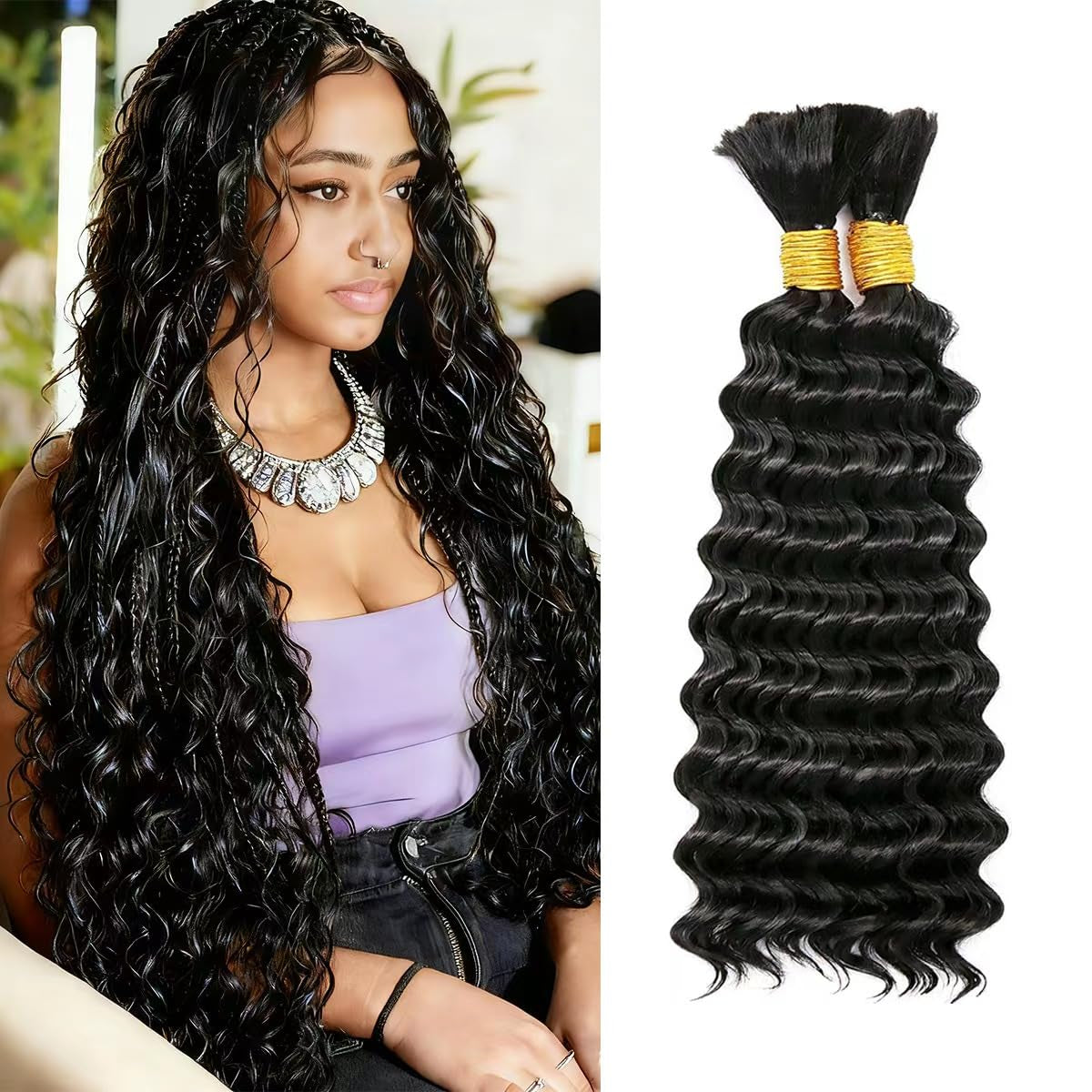 Human Braiding Hair for Boho Braids 100% Virgin Human Hair 150G 20 Inch Curly Knotless 12A Deep Wave Bulk Bohemian Braiding Hair for 2 Bundles/Pack Extensions (Natural Black-Deep Wave, 20 Inch)