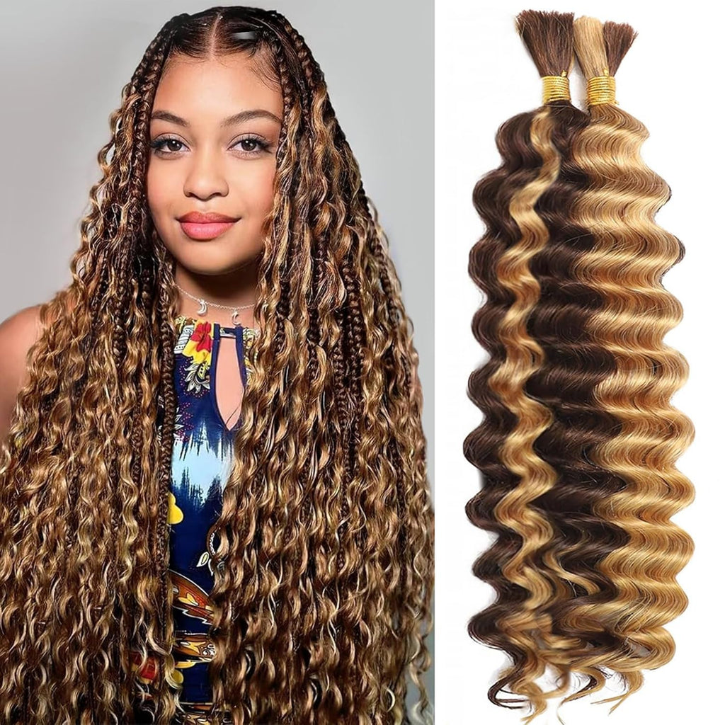 Human Braiding Hair for Boho Braids 4/27 Highlight Ombre Deep Wave Bulk Human Hair 110G 16 Inch Curly Wave Human Hair Extensions No Weft 2 Bundles/Pack