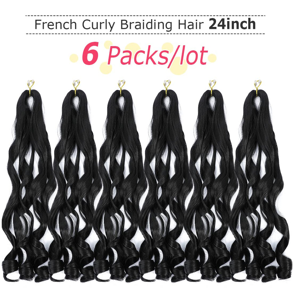 French Curly Braiding Hair 24 Inch 6 Packs Black Loose Wave Bouncy Crochet Hair Pre Stretched 100G/Pack Yaki Curly Braiding Hair for Black Women Hair Extensions (1B)