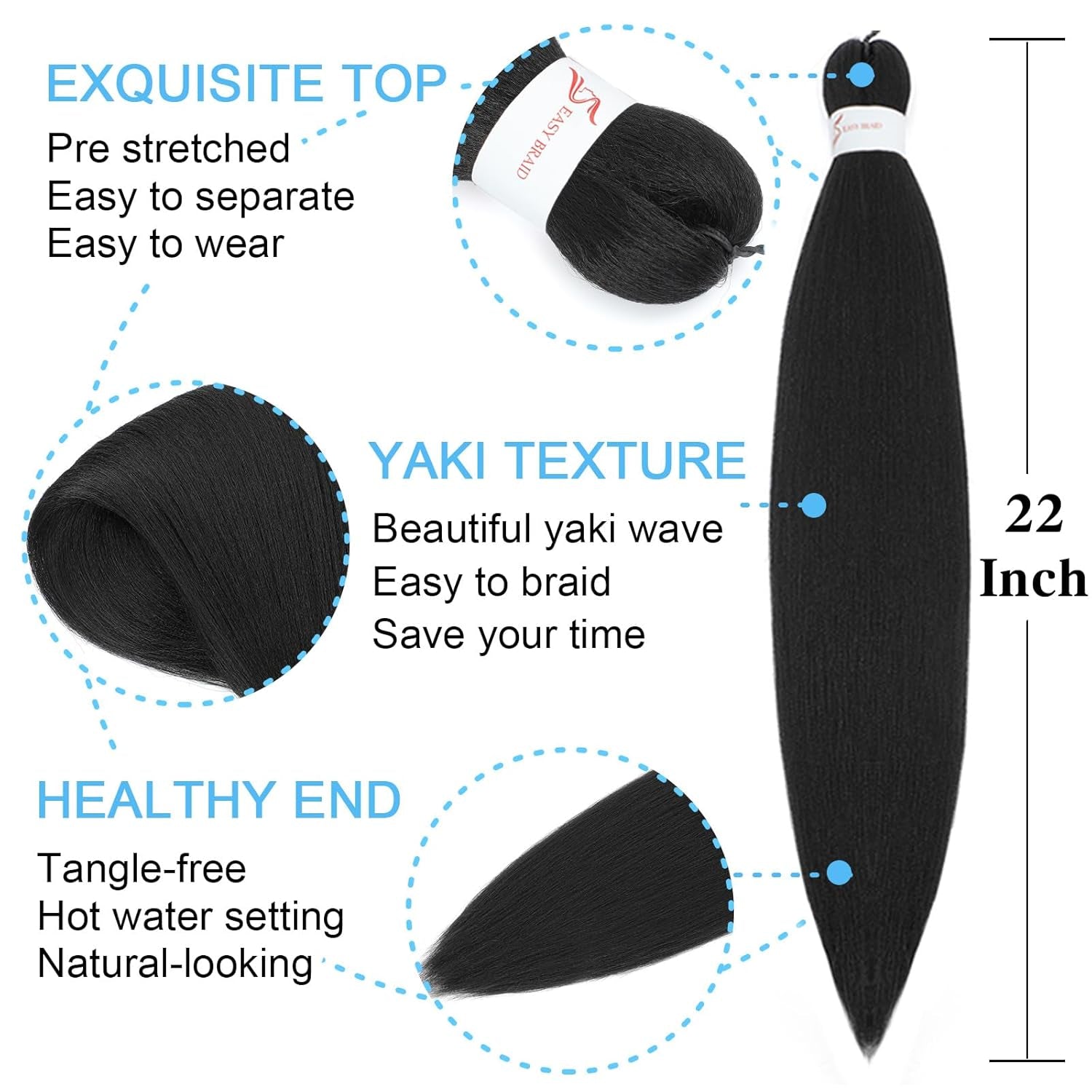 Braiding Hair Pre Stretched 22 Inch 8 Pack Long Professional Pre Stretched Hair for Braiding Soft Yaki Texture Hot Water Setting Synthetic Crochet Braids for Women Girls(22Inch,1B)