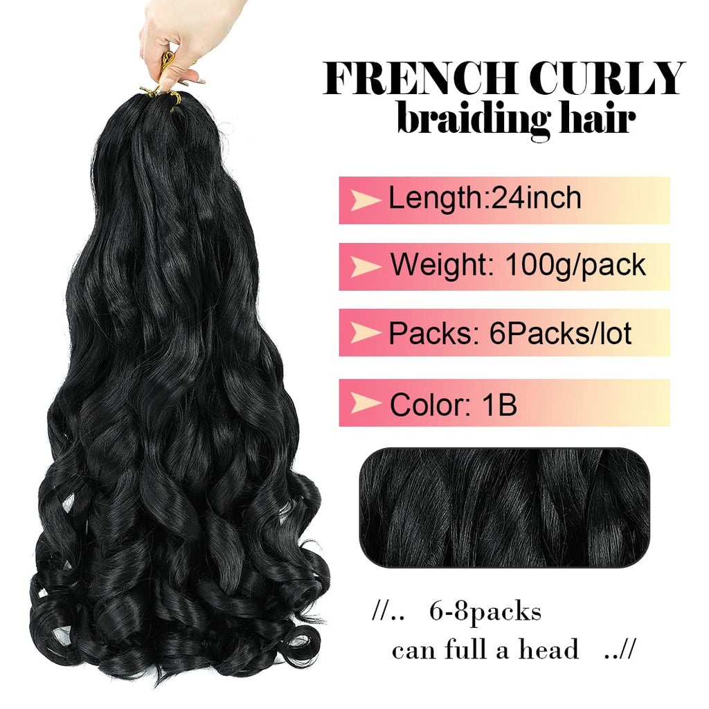 French Curly Braiding Hair 24 Inch 6 Packs Black Loose Wave Bouncy Crochet Hair Pre Stretched 100G/Pack Yaki Curly Braiding Hair for Black Women Hair Extensions (1B)