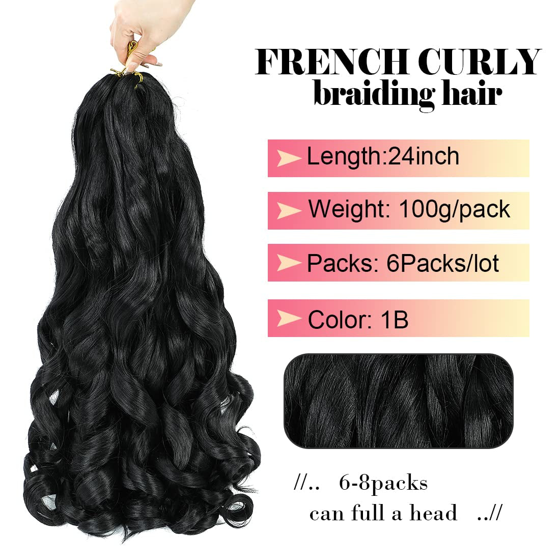 French Curly Braiding Hair 24 Inch 6 Packs Black Loose Wave Bouncy Crochet Hair Pre Stretched 100G/Pack Yaki Curly Braiding Hair for Black Women Hair Extensions (1B)