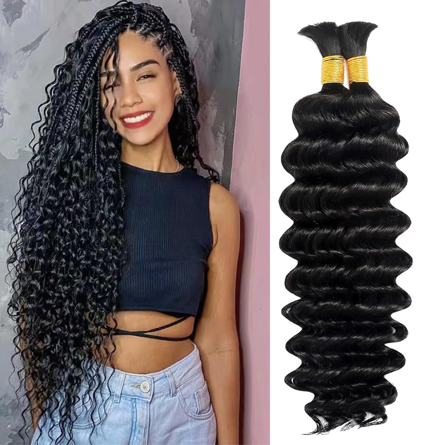 Human Braiding Hair for Boho Braids 100% Virgin Human Hair 150G 20 Inch Curly Knotless 12A Deep Wave Bulk Bohemian Braiding Hair for 2 Bundles/Pack Extensions (Natural Black-Deep Wave, 20 Inch)
