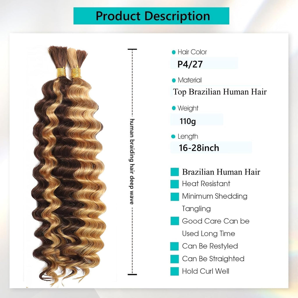 Human Braiding Hair for Boho Braids 4/27 Highlight Ombre Deep Wave Bulk Human Hair 110G 16 Inch Curly Wave Human Hair Extensions No Weft 2 Bundles/Pack