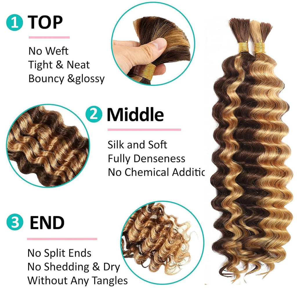 Human Braiding Hair for Boho Braids 4/27 Highlight Ombre Deep Wave Bulk Human Hair 110G 16 Inch Curly Wave Human Hair Extensions No Weft 2 Bundles/Pack