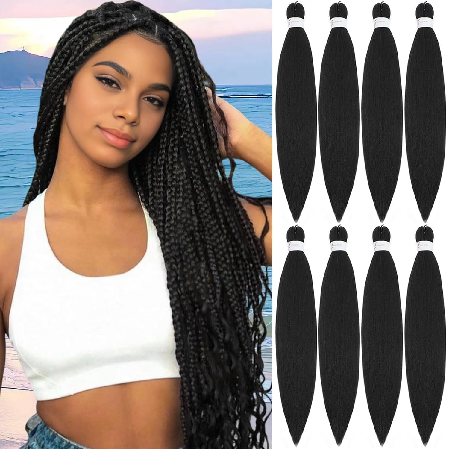 Braiding Hair Pre Stretched 22 Inch 8 Pack Long Professional Pre Stretched Hair for Braiding Soft Yaki Texture Hot Water Setting Synthetic Crochet Braids for Women Girls(22Inch,1B)