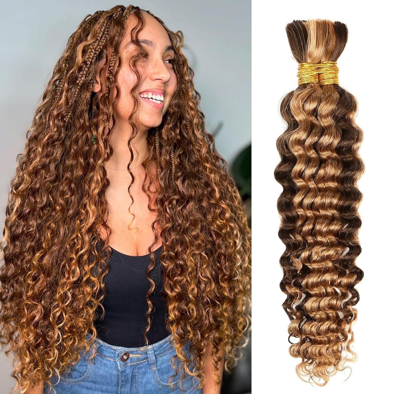 Human Braiding Hair for Boho Braids 4/27 Highlight Ombre Deep Wave Bulk Human Hair 110G 16 Inch Curly Wave Human Hair Extensions No Weft 2 Bundles/Pack