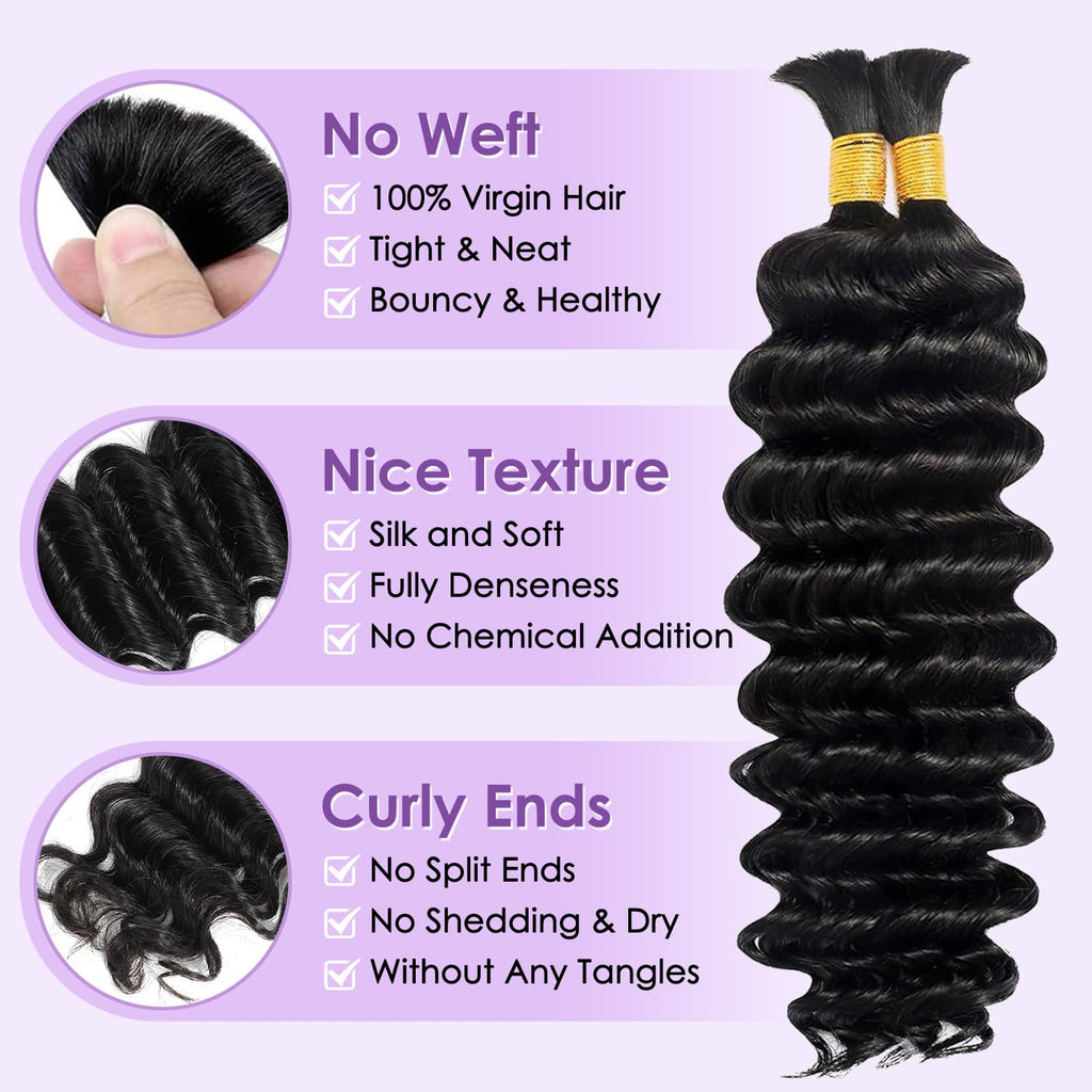 Human Braiding Hair for Boho Braids 100% Virgin Human Hair 150G 20 Inch Curly Knotless 12A Deep Wave Bulk Bohemian Braiding Hair for 2 Bundles/Pack Extensions (Natural Black-Deep Wave, 20 Inch)